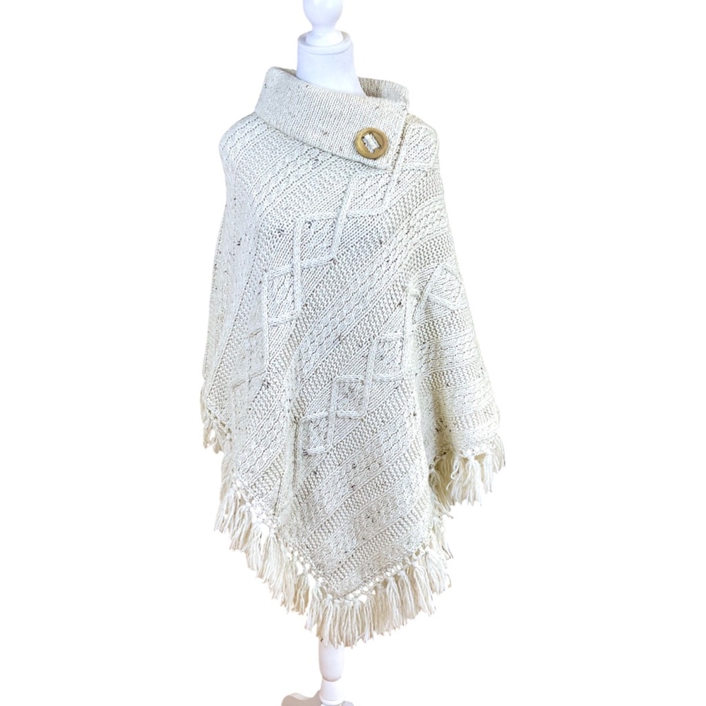 Chunky Knit Poncho Cape Fringe Button Ivory (OS) - Picture 2 of 10